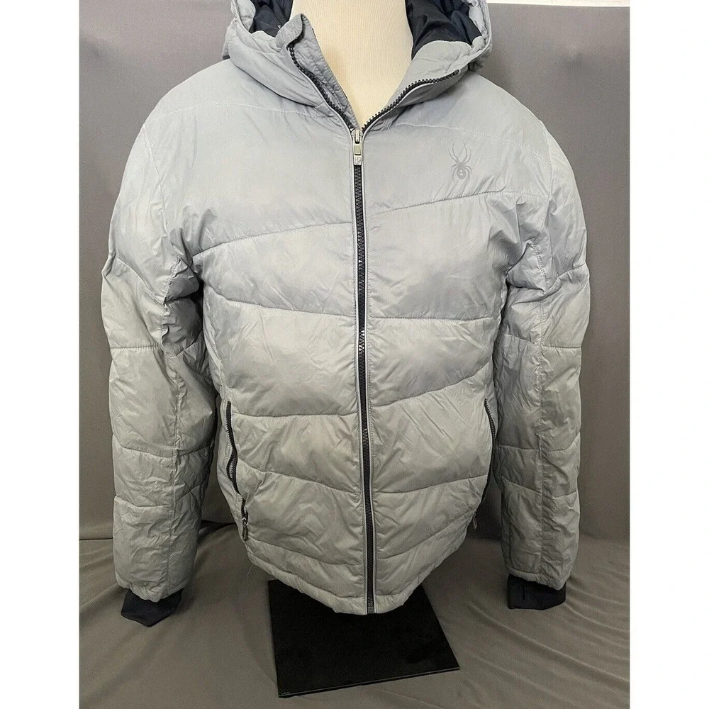 Spyder Puffer Hooded Jacket Boys Large 14/16 Gray Thermaweb Nylon Thumb Holes